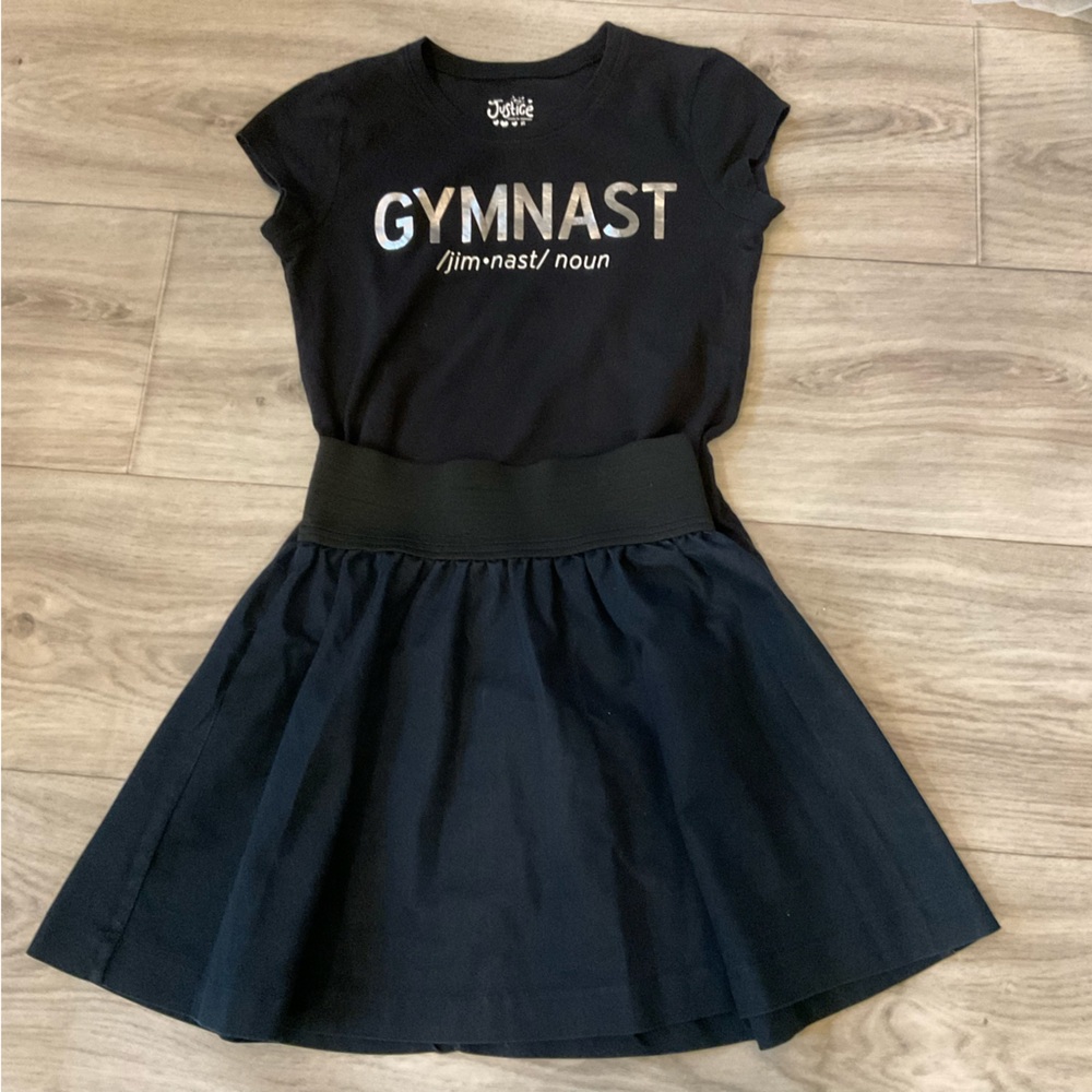 Lot of 2 Justice Gymnast T shirt Size 6 100% cotton & Miley Cyrus Skirt Small